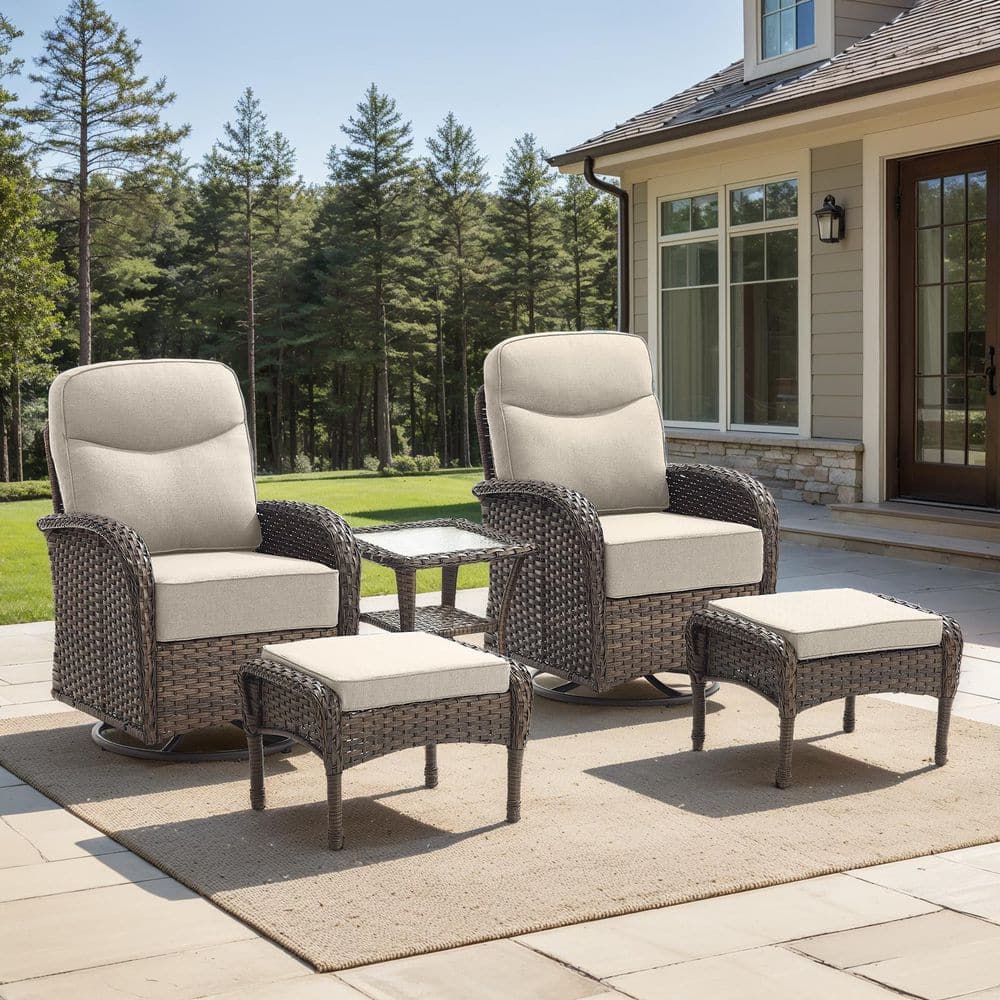 Goyal Brown 5-Piece Wicker Outdoor Patio Conversation Swivel Rocking Chair Sets with Beige Cushions price history on PriceWatchPro