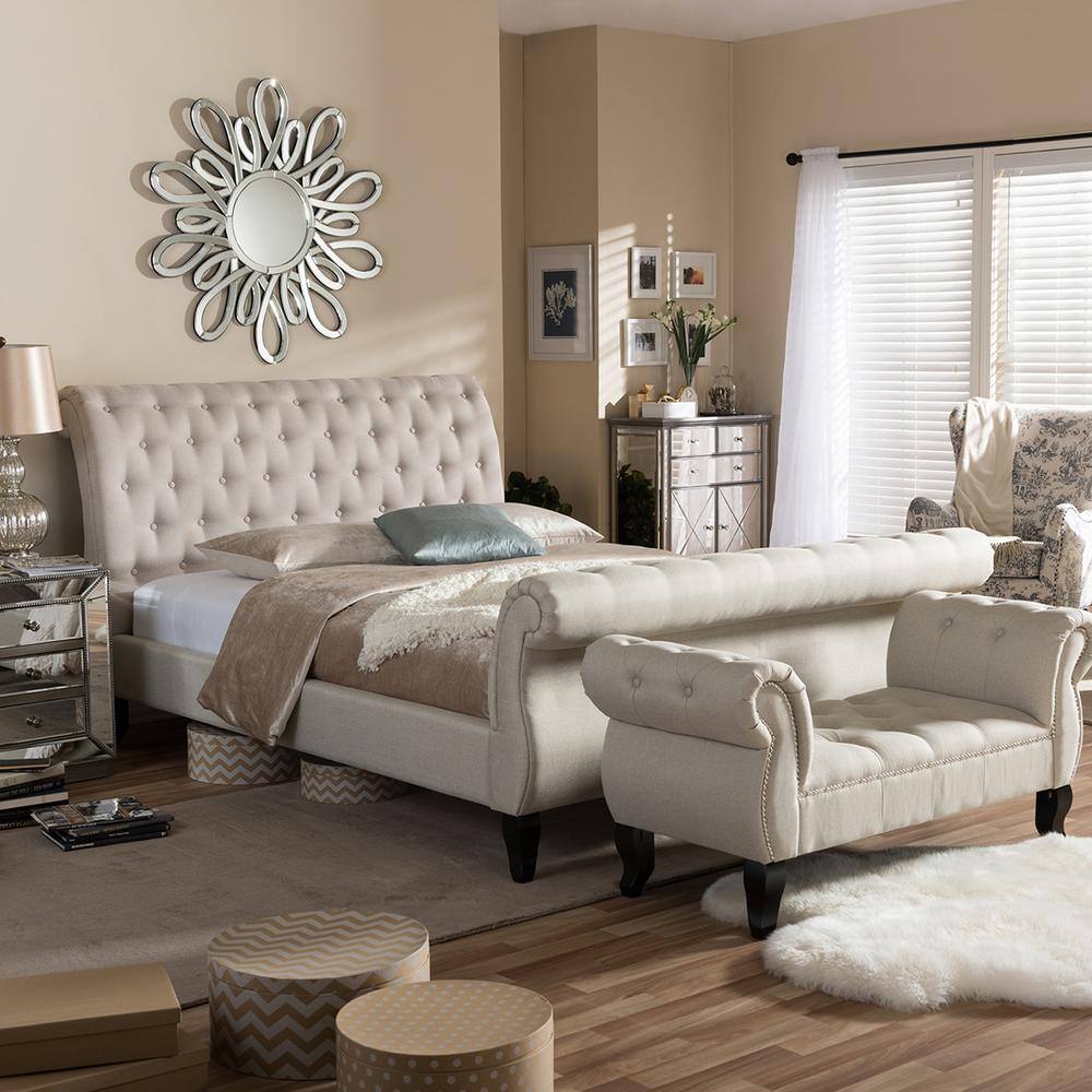 Antoinette Light Beige Polyester King Platform Bed with Dark-Brown Legs