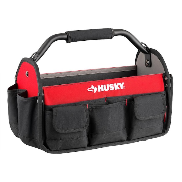 17 in. Open Top Weather Resistant Tool Tote Bag in Red with 18 total pockets and heavy-duty rotating handle 17 in. Open Top Weather Resistant Tool Tote Bag in Red with 18 total pockets and heavy-duty rotating handle