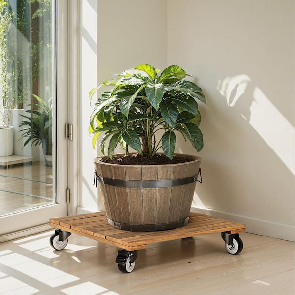Unbranded 14 in. Brown Wood Square Plant Caddy Caster with 360 Lockable  Wheels for Heavy Plant Pots and Outdoor (2-Pack) 4377IUQR