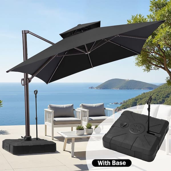 Crestlive Products 13 ft. x 10 ft. Double Top Rectangular Cantilever Patio Umbrella in Black with 300 lbs. Base Stand in Black