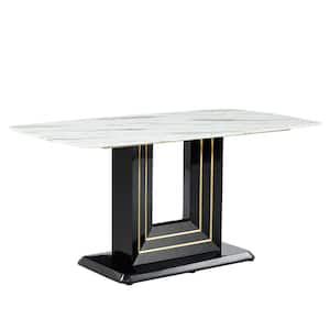 Modern Rectangle White Faux Marble 32.28 in. Pedestal Dining Table Seats for 6