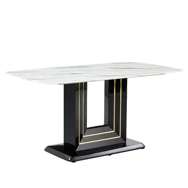 Polibi Modern Rectangle White Faux Marble 32.28 in. Pedestal Dining Table Seats for 6