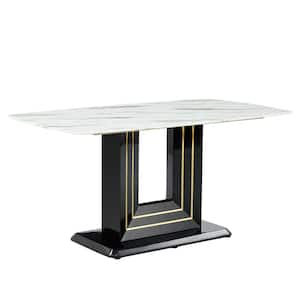 Modern Rectangle White Faux Marble Pedestal Dining Table Seats for 6 (63.00 in. L x 30.00 in. H)