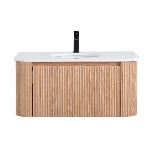 36 in. W x 16 in. D x 20 in. H Wall-Mounted Bath Vanity in Natural Wood with White Ceramic Top