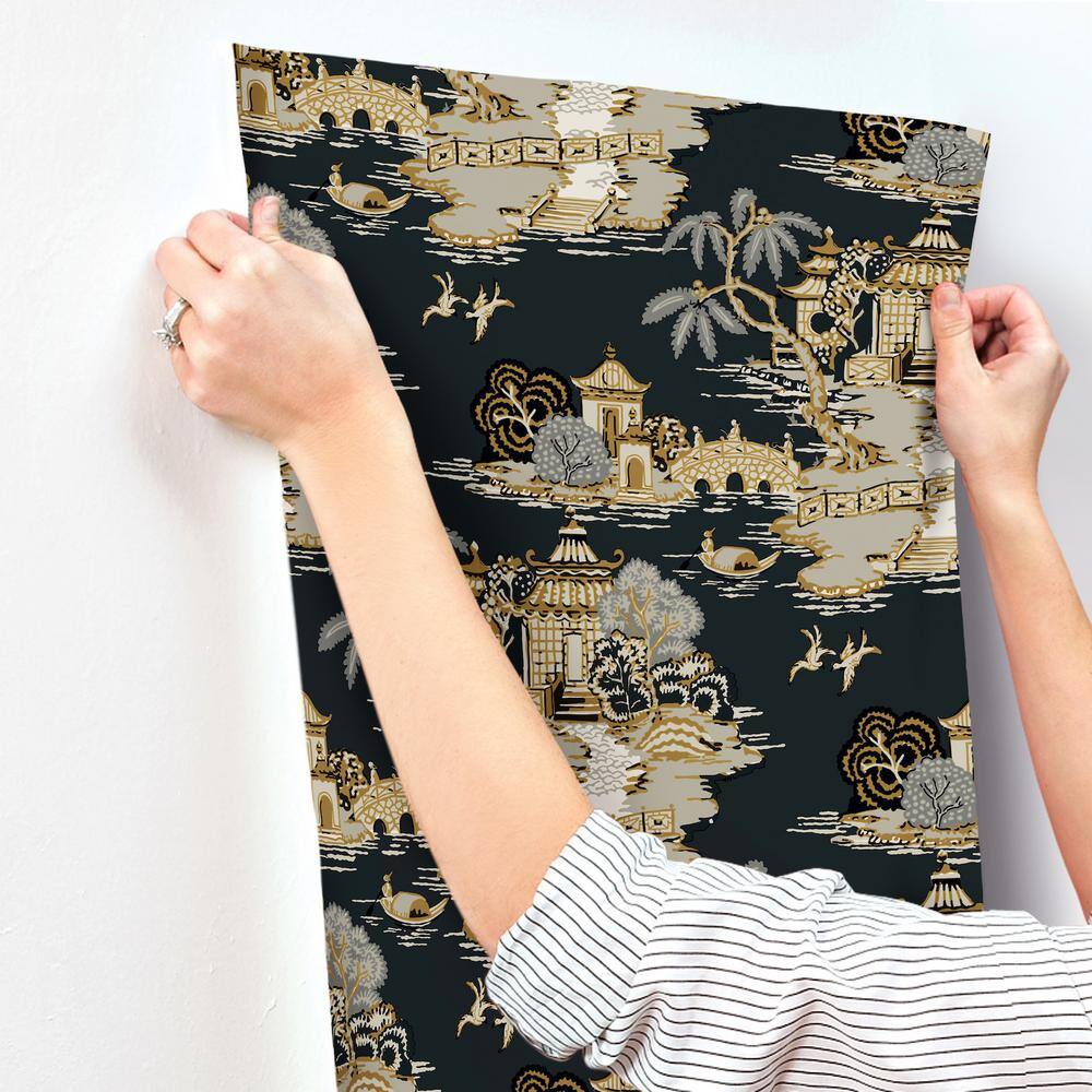 Black Scenic Pagoda and Sampan Toile Wallpaper