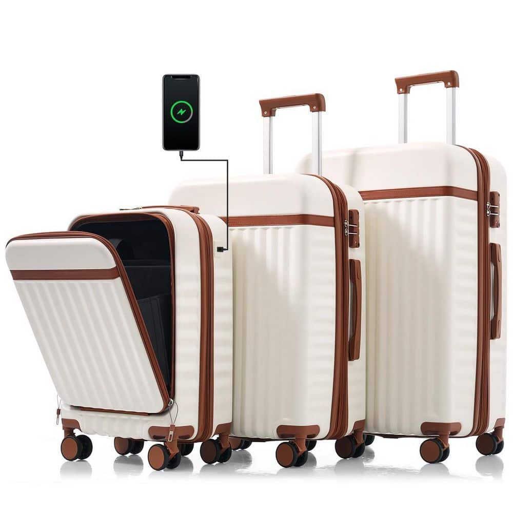 LIVACA 3-Piece White and Brown ABS Hardside Spinner Luggage Set
