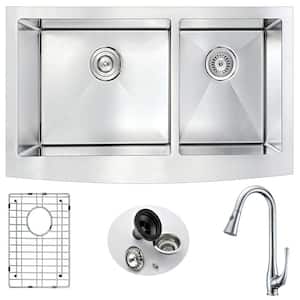 ELYSIAN Farmhouse Stainless Steel 36 in. Double Bowl Kitchen Sink and Faucet Set with Singer Faucet in Brushed Satin