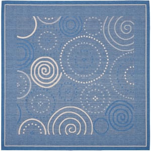 Courtyard Blue/Natural 7 ft. x 7 ft. Square Border Indoor/Outdoor Patio  Area Rug