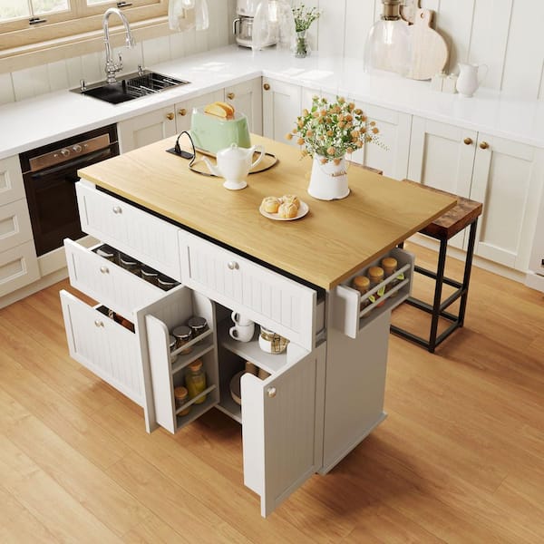 47.6 in. W 3-Piece Farmhouse White Wood Top Kitchen Island Set with 2 Stools Seats 2