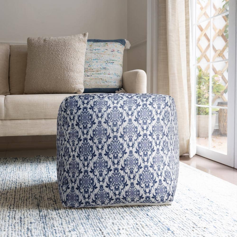 Vinayak Blue/White Farmhouse Floral Hand-Woven Cotton Square Pouf