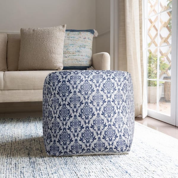 Unbranded Vinayak Blue/White Farmhouse Floral Hand-Woven Cotton Square Pouf