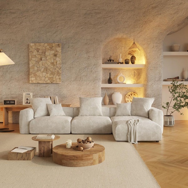 Modern 142 in. Square Arm Corduroy Modular Oversized Floor Sofa Grand Couch with Ottoman and Removable Covers in Beige
