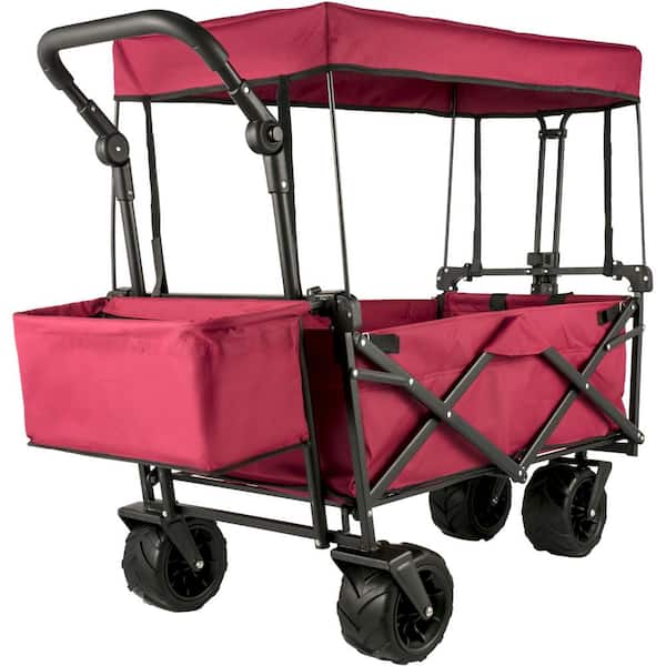 VEVOR 3 cu.ft. Collapsible Wagon Cart Over-sized Wheels Portable Folding Steel Garden Cart with Adjustable Handles, Red