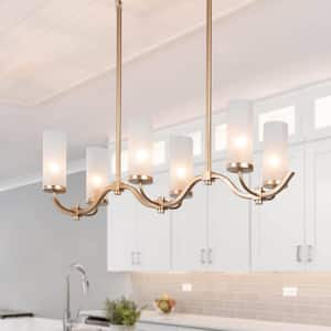 Modern Gold Linear Island Chandelier 6-Light Candlestick Chandelier with Cylinder Frosted Glass Shades