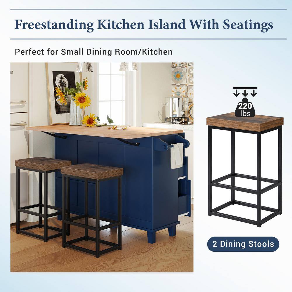 Blue Rubber Wood Drop Leaf Kitchen Island Set with Stools