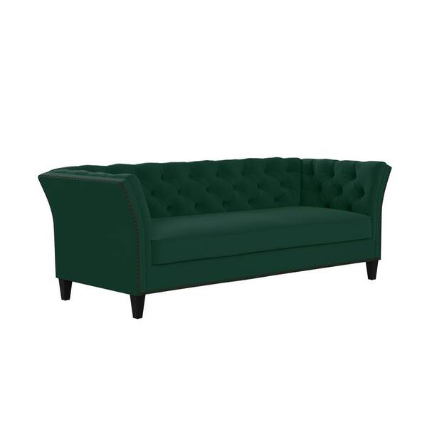 Handy Living Quintana 86 in. Emerald Green Velvet 3-Seater Tuxedo Sofa with Nailheads