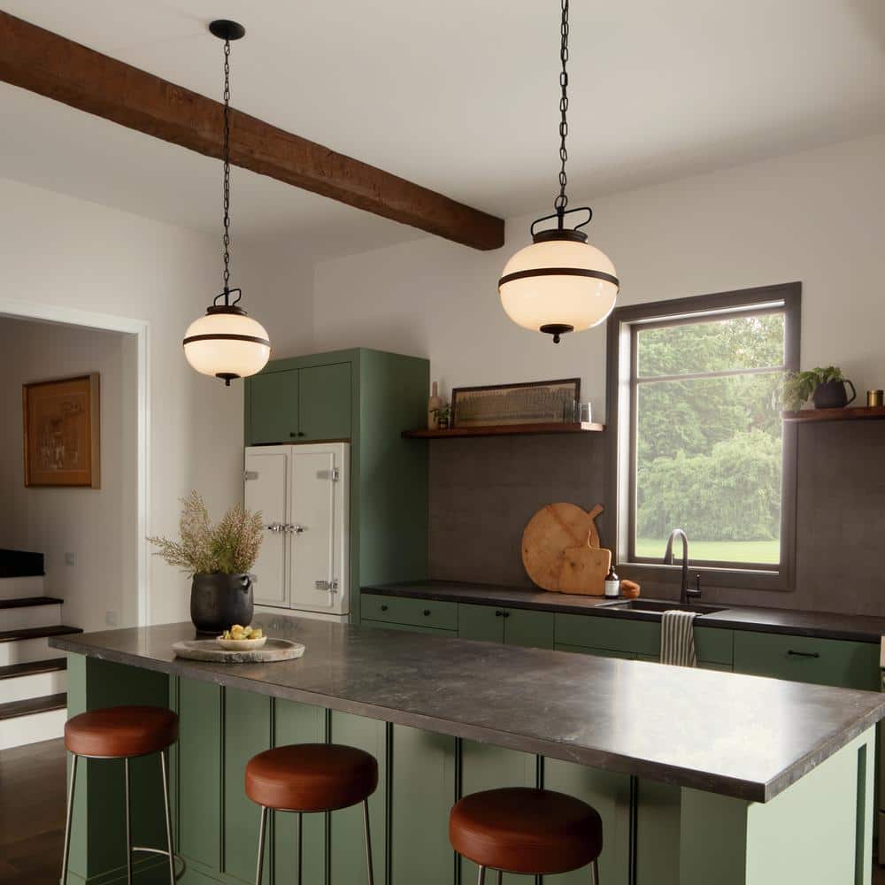 Opal Glass and Textured Black 12" Globe Pendant Light