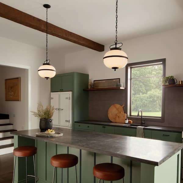 Opal 2-Light Textured Black Vintage Globe Kitchen Pendant Hanging Light with Opal Glass