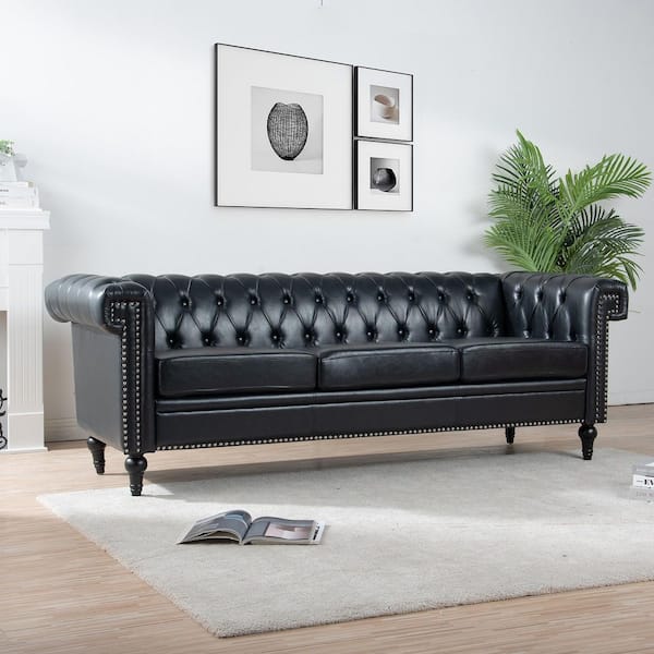 Holy 83.66 in. Square Arm Faux Leather Upholstered Rectangle Sofa in. Black PU