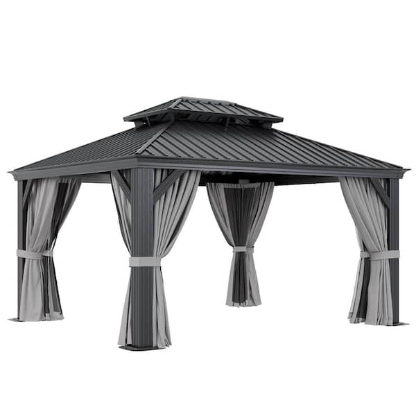 Sizzim 12 ft. x 14 ft. Outdoor Double Roof Hardtop Gazebo with Gutters, Aluminum Frame, Ceiling Hook, Netting and Curtains