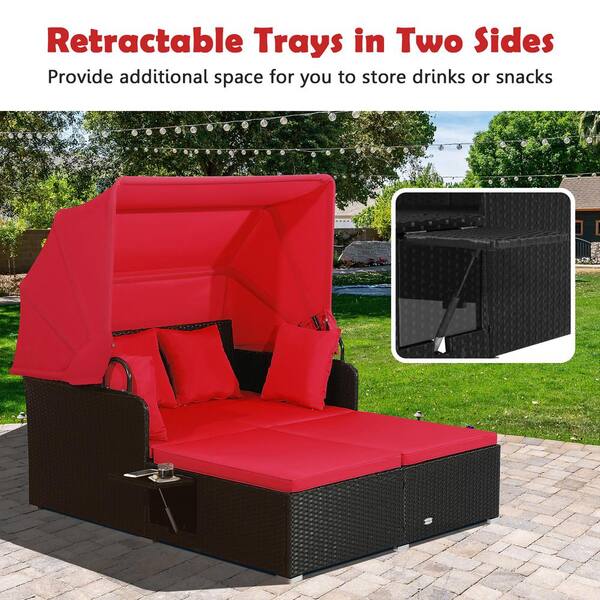 Costway Outdoor Patio Rattan Daybed Thick Pillows Cushioned Sofa Furniture  Red