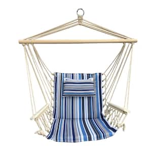 2.5 ft. Hammock Chair with Wooden Armrests in Blue and Tan Stripes