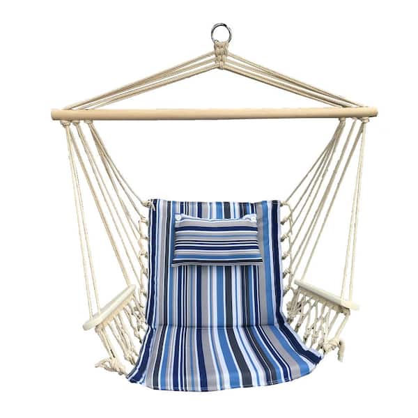Photo 1 of 2.5 ft. Hammock Chair with Wooden Armrests in Blue and Tan Stripes