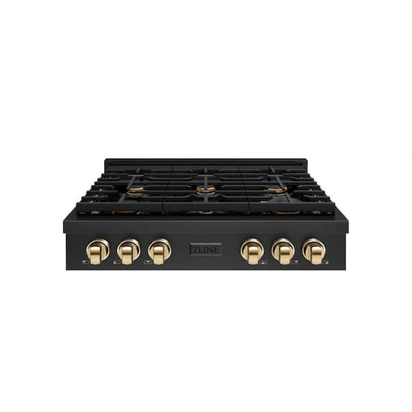 Autograph Edition Paramount 36 in. 6-Burner Porcelain Cooktop in Black Stainless Steel with Polished Gold Accents