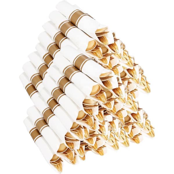 400 Piece Gold Heavy Duty Plastic Silverware Set with Napkins for Parties and Weddings