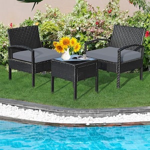 3-Pieces Patio Rattan Conversation Furniture Set Outdoor Yard with Grey Cushions