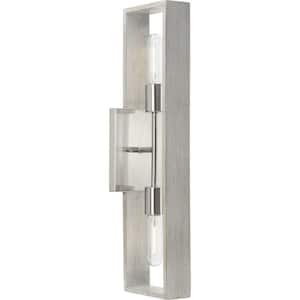 Boundary 24 in. 2-Light Brushed Nickel Contemporary Wall Bracket with Grey Wash Oak Accents