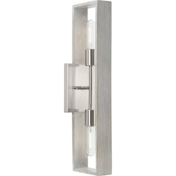 Progress Lighting Boundary 24 in. 2-Light Brushed Nickel Contemporary Wall Bracket with Grey Wash Oak Accents