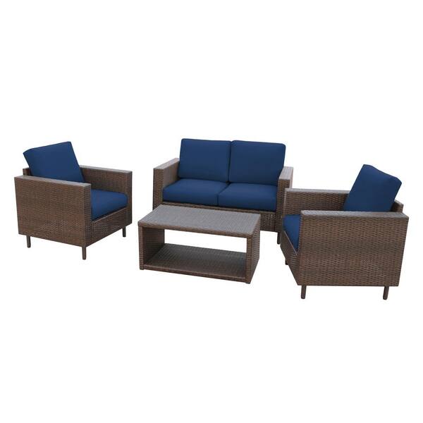 Leisure Made Dr 4 Piece Wicker Outdoor Conversation Set With Navy Cushions 104962 Nvy Wicker Outdoor Conversation Set, Indoor Outdoor Sofa Set