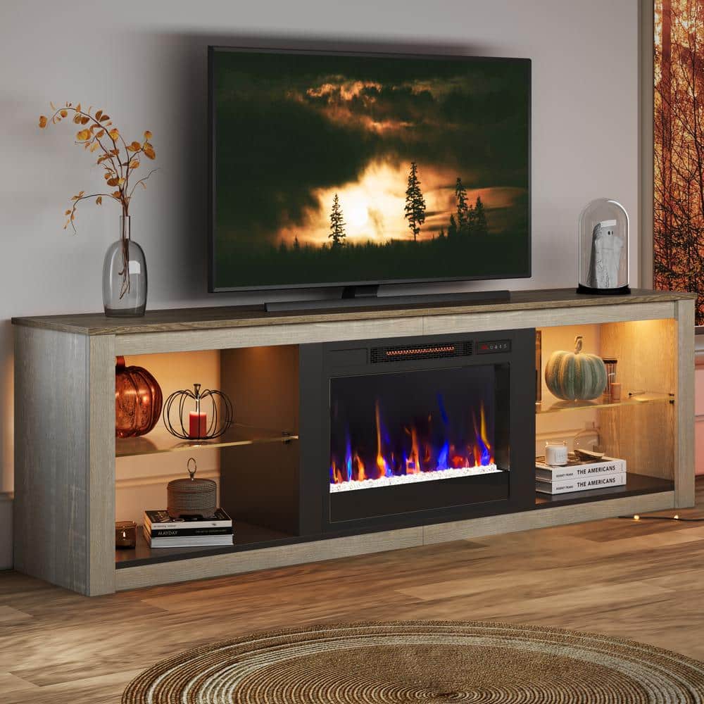 Light Grey Modern TV Stand with Electric Fireplace and LED Lights