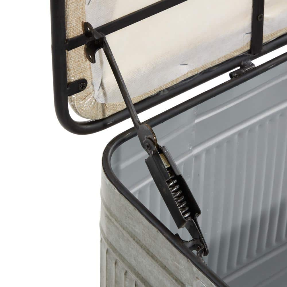 Gray Galvanized Metal Storage Bench with Beige Upholstered Seat