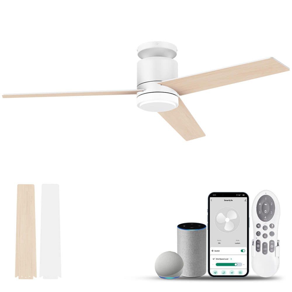 52 in. Smart Outdoor Indoor White Flush Mount Ceiling Fans with Lights Remote Voice Control Via WIFI Alexa App Dimmable price history on PriceWatchPro