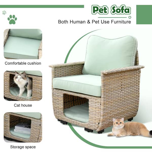 HOOOWOOO Sierra Beige 5-Piece Wicker Outdoor Patio Conversation Sofa Seating Set with Pet House/Bed and Light Green Cushions