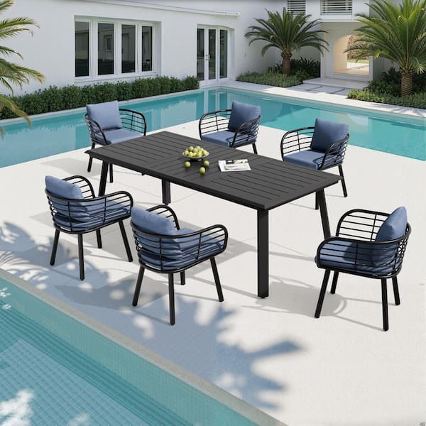 Black 7-Piece 83 in. Aluminum Patio Outdoor Dining Set with Umbrella Hole Table, Sunbrella Blue Cushion Premium Chair
