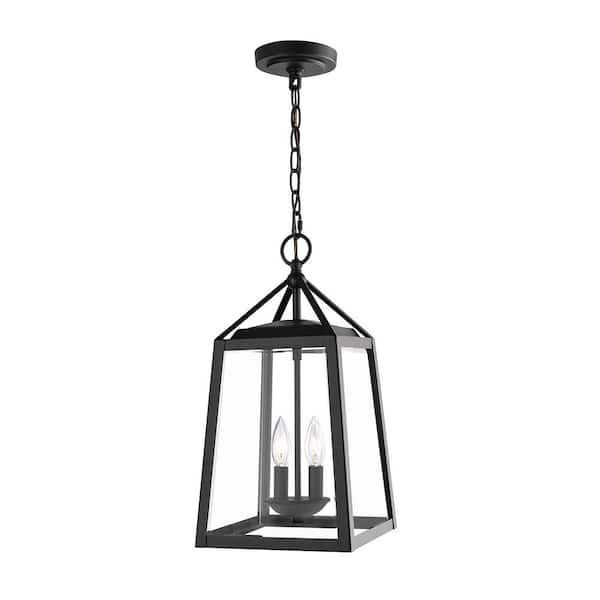 Home Decorators Collection Blakeley Transitional 2-Light Black Outdoor Pendant with Beveled Glass