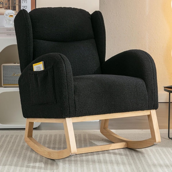 38 in. Black Teddy Fabric Rocking Chair with Wood Legs, Modern Tufted Back for Living Room and Bedroom
