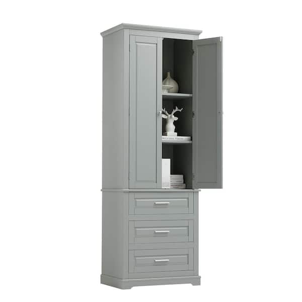 24 in. W x 15.7 in. D x 70 in. H Gray Freestanding Linen Cabinet with 3-Drawers and 2-Doors