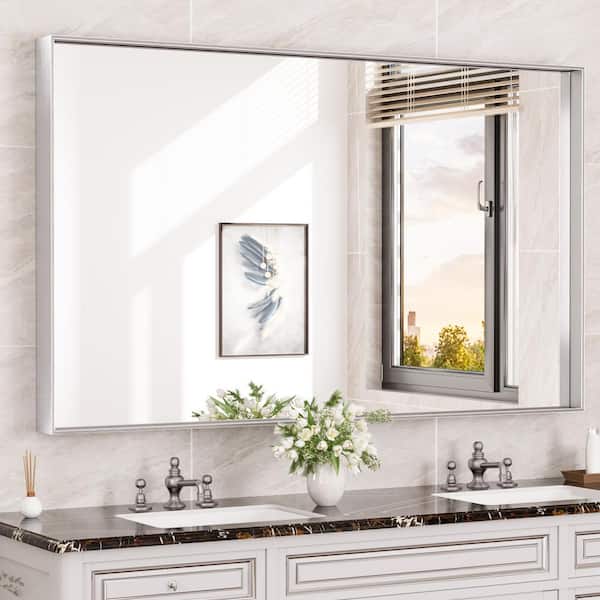 KeonJinn 60 in. W x 36 in. H Rectangular Framed Aluminum Square Corner Wall Mount Bathroom Vanity Mirror in Brushed Silver