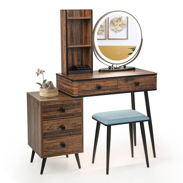 Costway Vanity Makeup Table Set 3-Color Dimmable Human Body Induction LED Light Brown