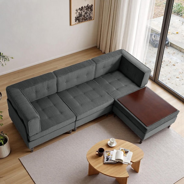 Uixe 98.01 in. Square Arm 4-piece Corduroy L-Shaped Sectional Sofa