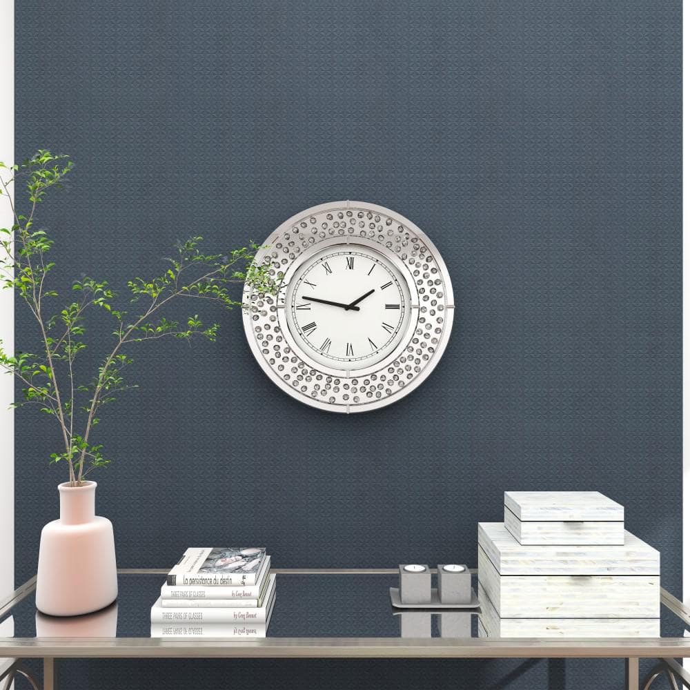 20" White Mirrored Wall Clock with Floating Crystals