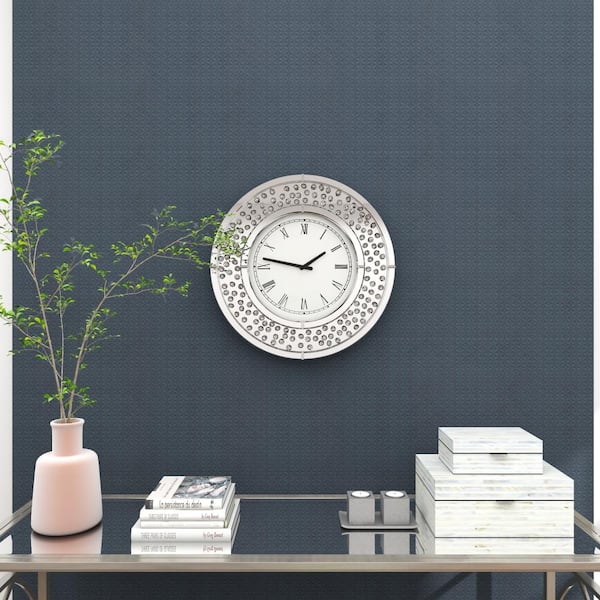 Litton Lane White Glass Mirrored Wall Clock with Floating Crystals