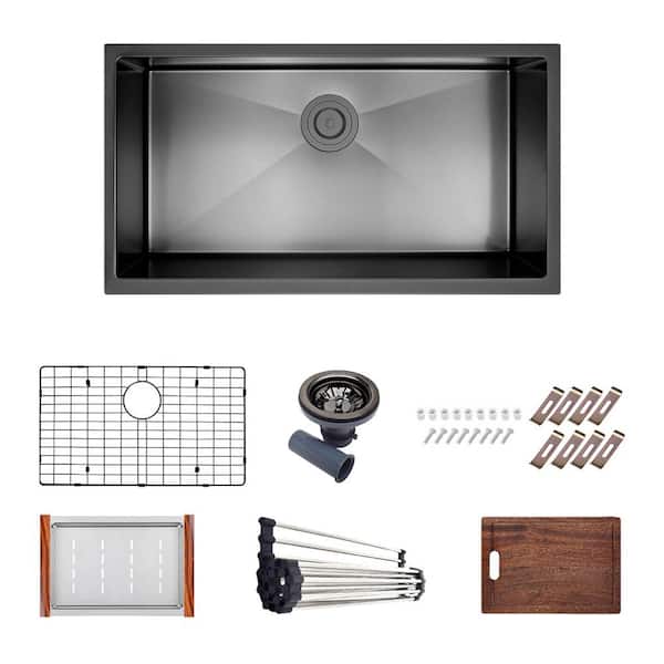 PELHAM & WHITE Nepera Black 16-Gauge Stainless Steel 30 in. Single Bowl Undermount Workstation Kitchen Sink with Bottom Grid & Drain