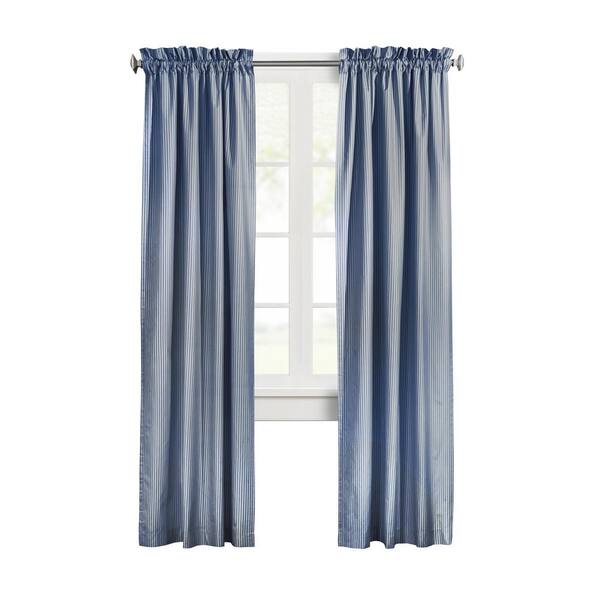 THERMALOGIC Ticking Stripe Navy Polyester Smooth 40 in. W x 63 in. L Rod Pocket Indoor Room Darkening Curtain (Double-Panels)