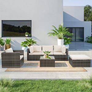 Gray 6-Piece Wicker Outdoor Sectional Set with Beige Cushions and Tempered Glass Coffee Table